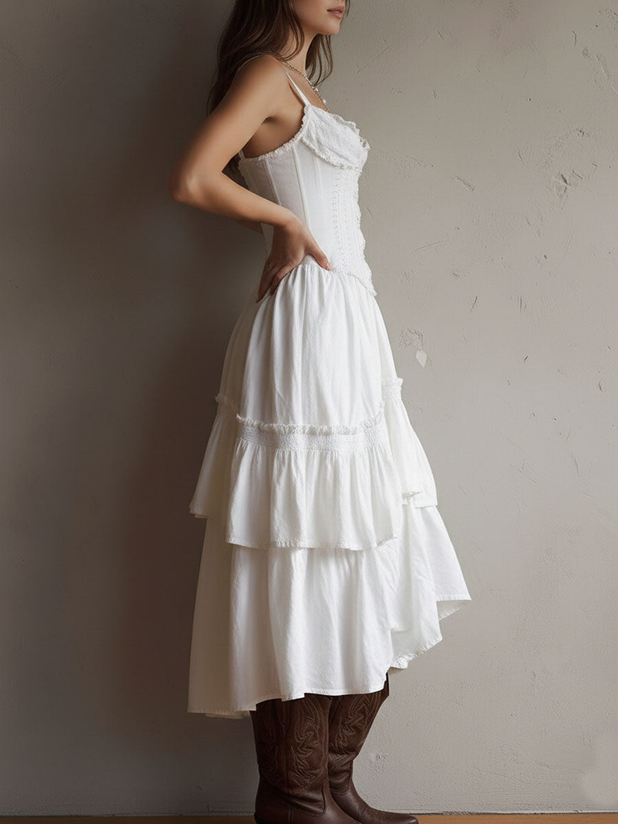 Robe midi rétro bohème à corset, jupe étagée et bordure en dentelle