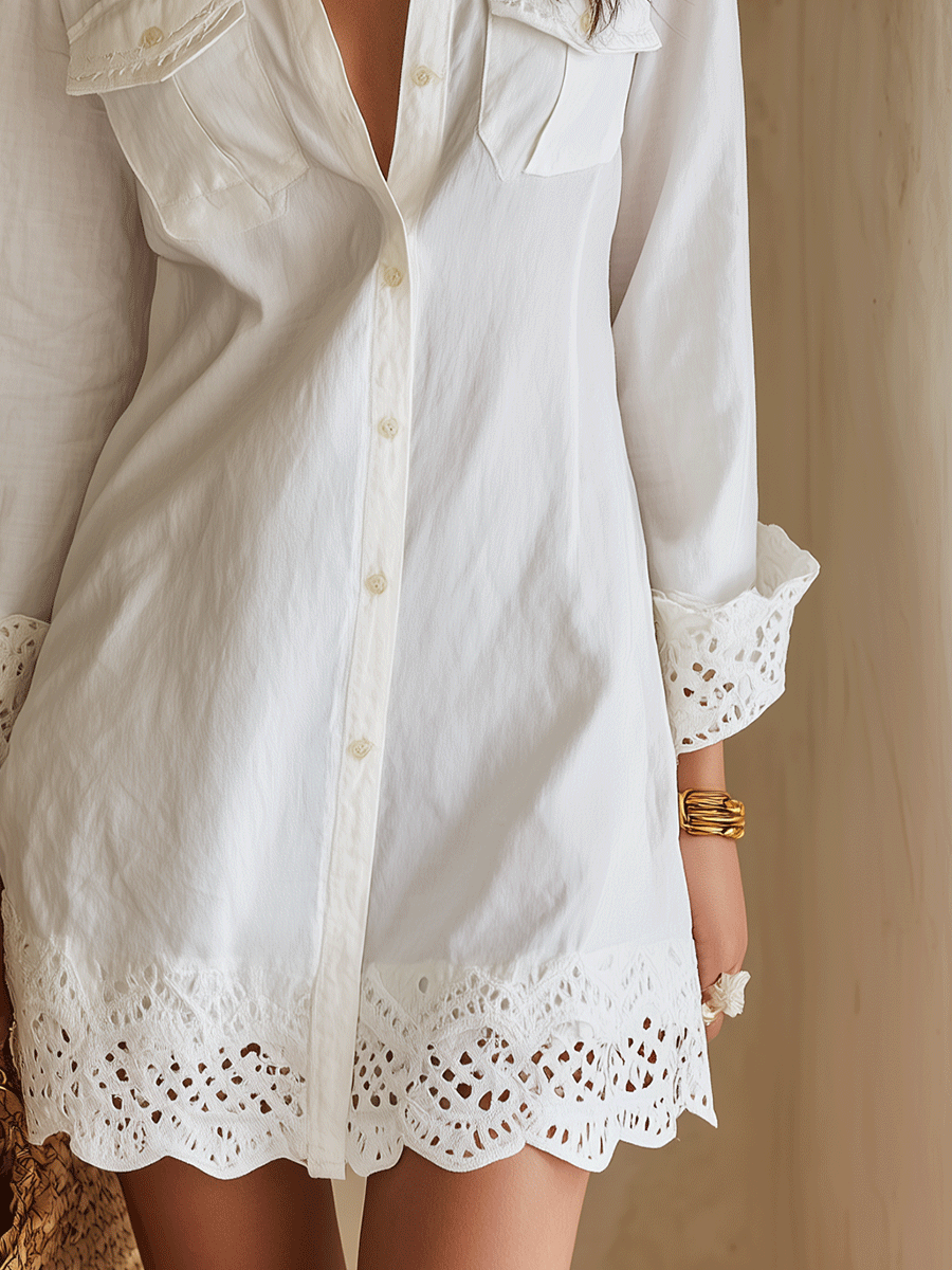 Robe chemise courte blanche resort à ourlet à œillets bohème