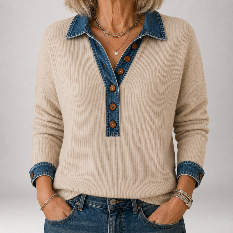 Clarisse™ | Pull polo côtelé à col denim