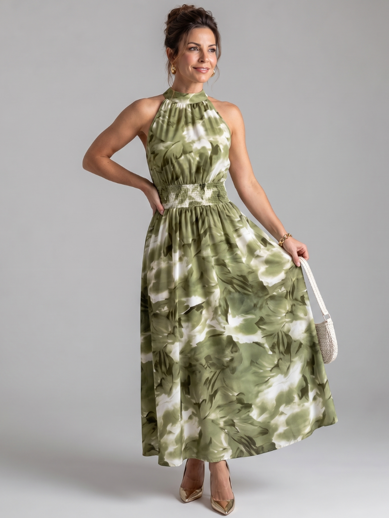 Robe Midi à Taille Froncée et Imprimé Abstrait OLIVIA