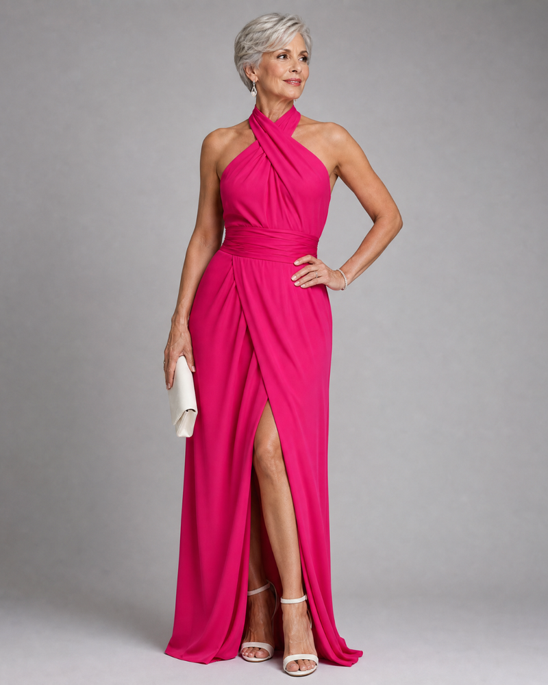 Vaelora | Robe midi à col licou croisé, drapée à fente latérale