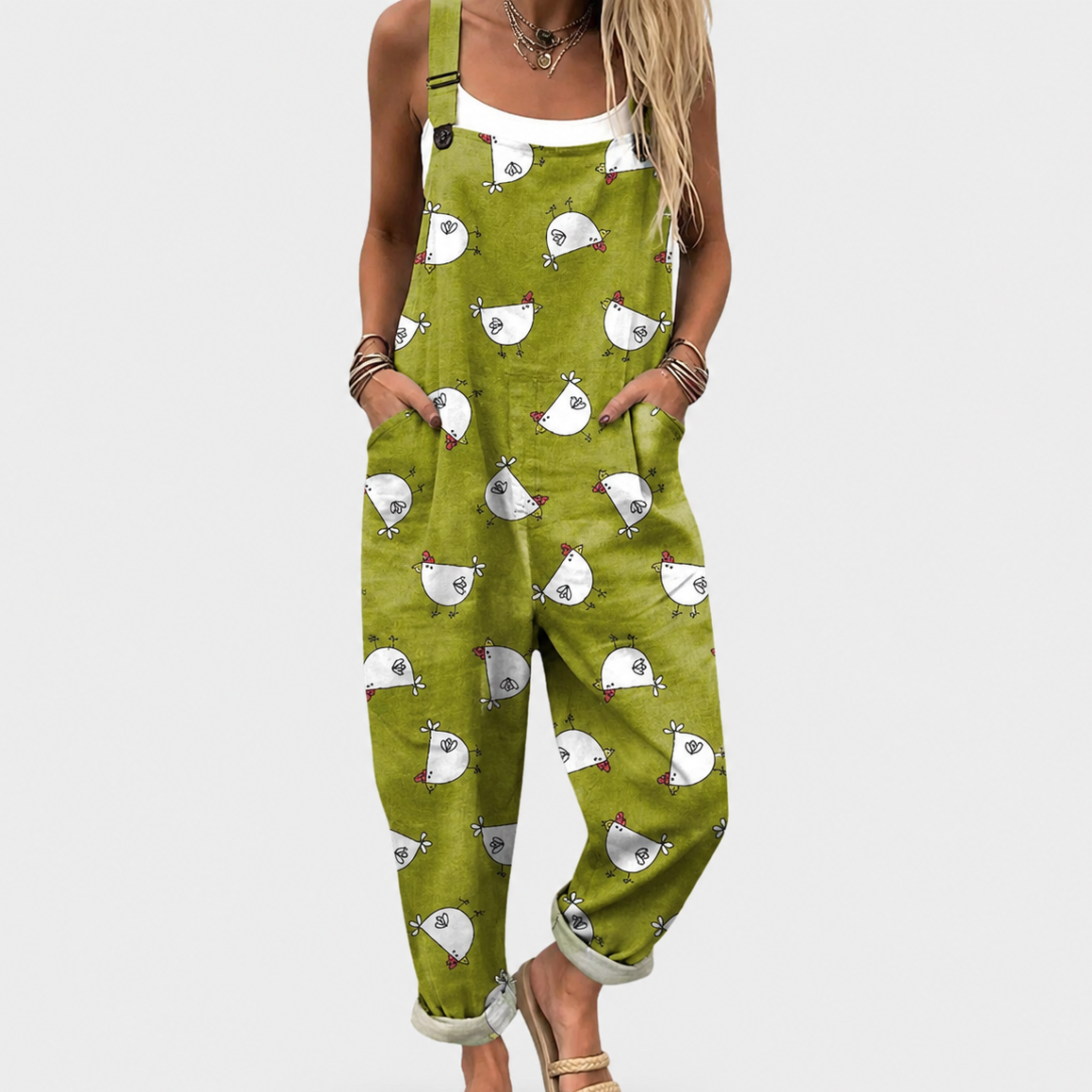 Combinaison douce vert olive à motif poules