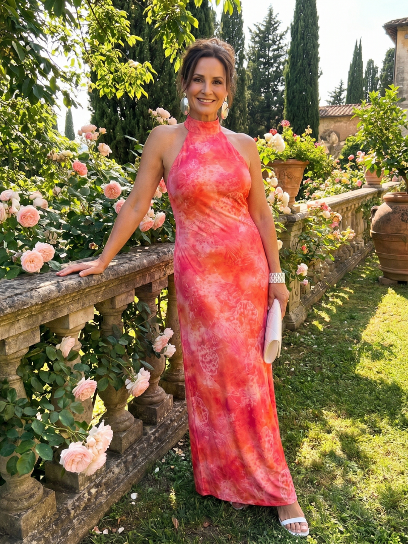 Robe Longue à Col Halter et Imprimé CORALINE