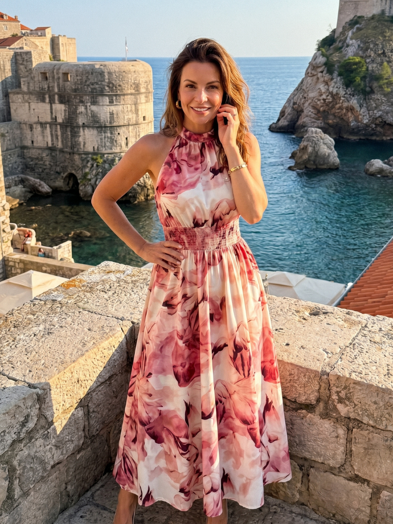 Robe Midi à Taille Froncée et Imprimé Abstrait OLIVIA