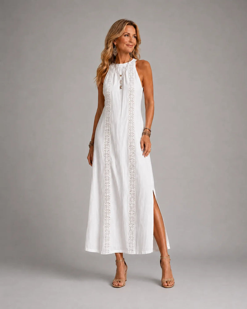 Jimena | Robe midi décontractée brodée à col mao