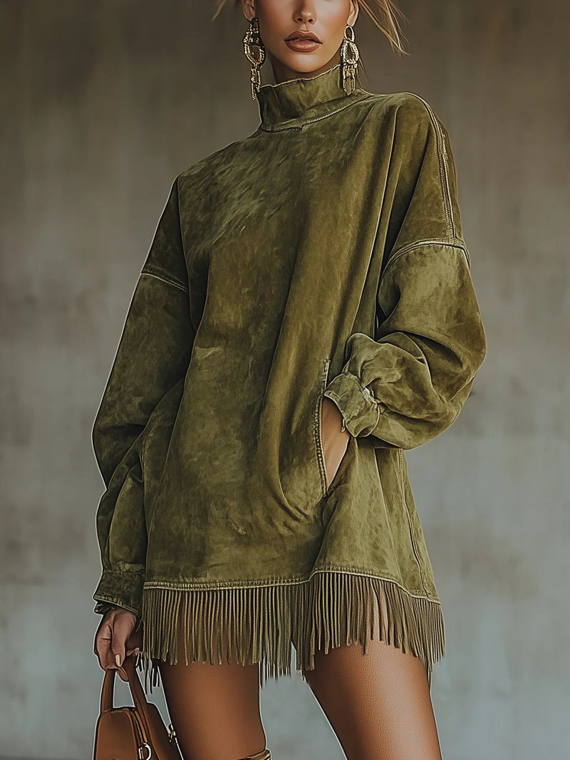 Gabriela | Robe en suédine à col montant et franges