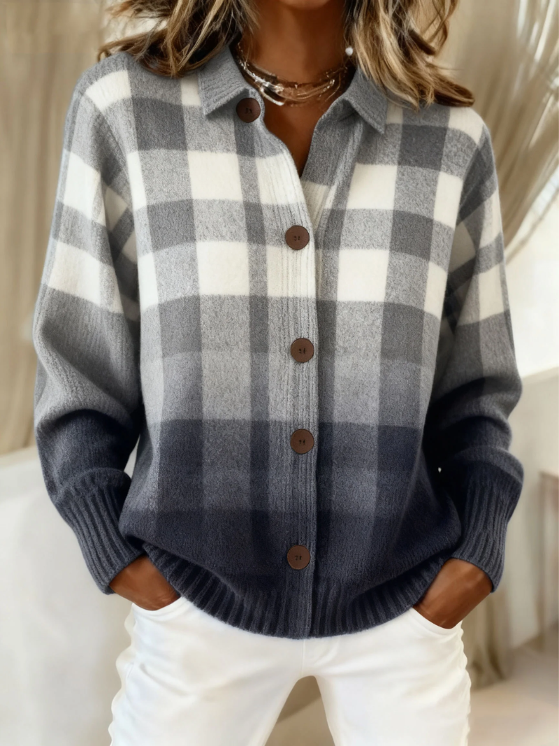 Cardigan Boutonné à Carreaux Dégradé Gris AGNES