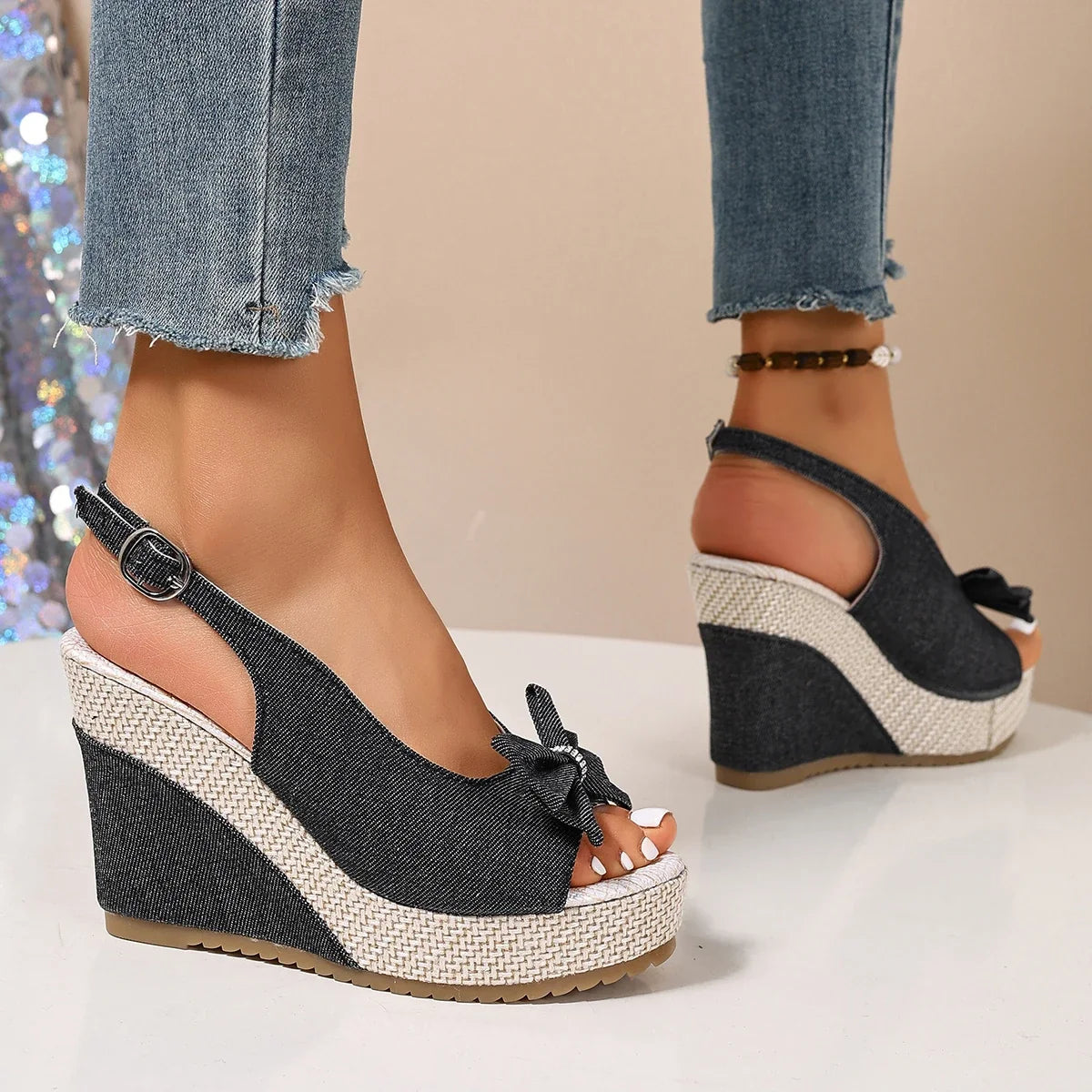 Sandales compensées en denim Anna