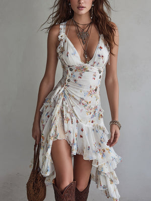 Robe mini rétro à fleurs, décolleté en V et bretelles spaghetti