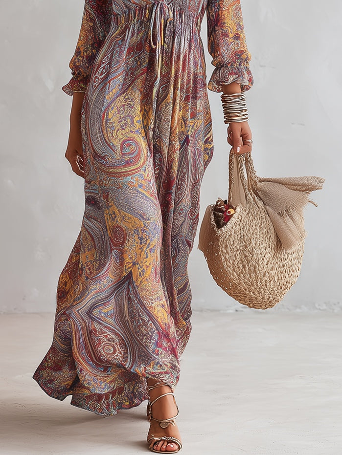 Robe maxi en chiffon à imprimé paisley, encolure en V, froncée