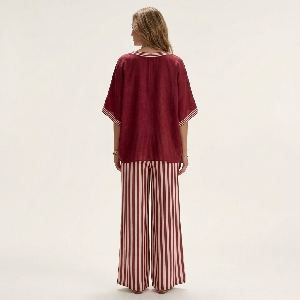 Juliana | Ensemble top à col en V style varsity et pantalon rayé à jambes larges