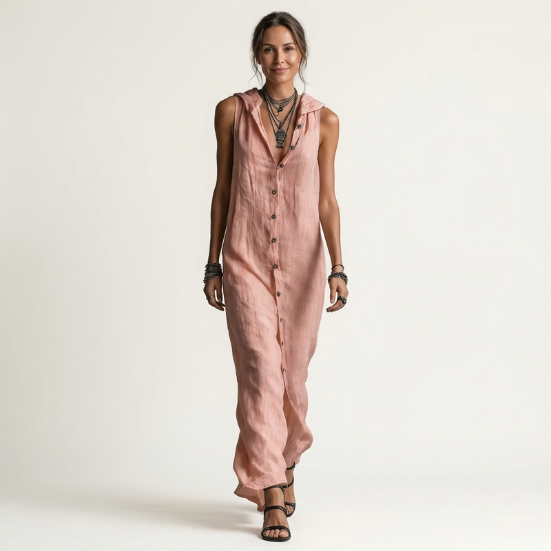 Mirabell | Robe maxi en lin sans manches à capuche et boutonnage