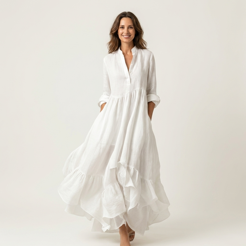 Jilana | Robe maxi à col montant, boutonnage et ourlet à volants