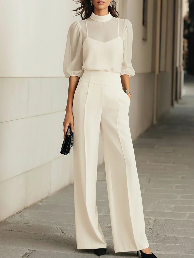 Valentina • Ensemble noir trois pièces avec haut camisole transparent et pantalon à jambes larges • S1