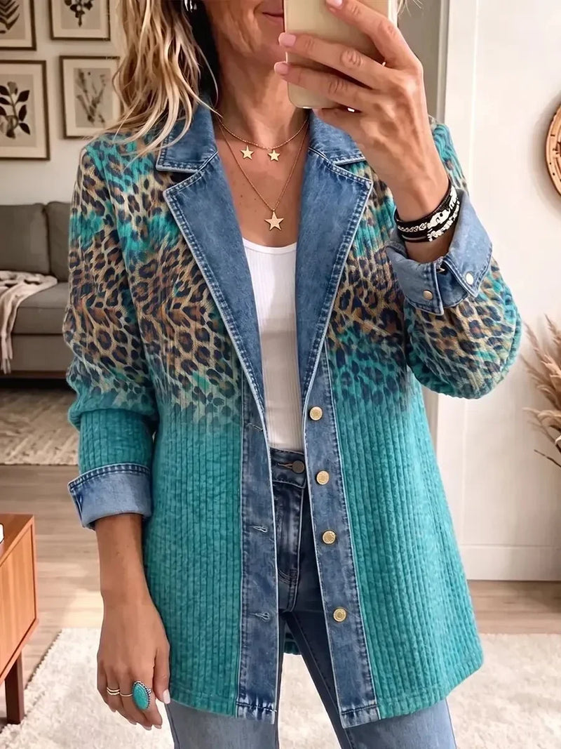 Olivia | Veste vintage élégante en denim à imprimé léopard