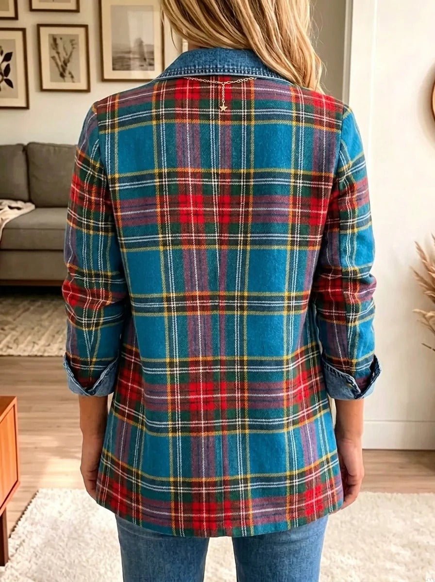 Grace | Blazer femme à carreaux tartan et empiècements denim