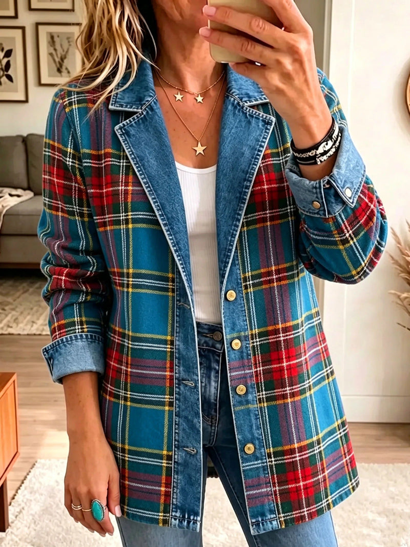Grace | Blazer femme à carreaux tartan et empiècements denim