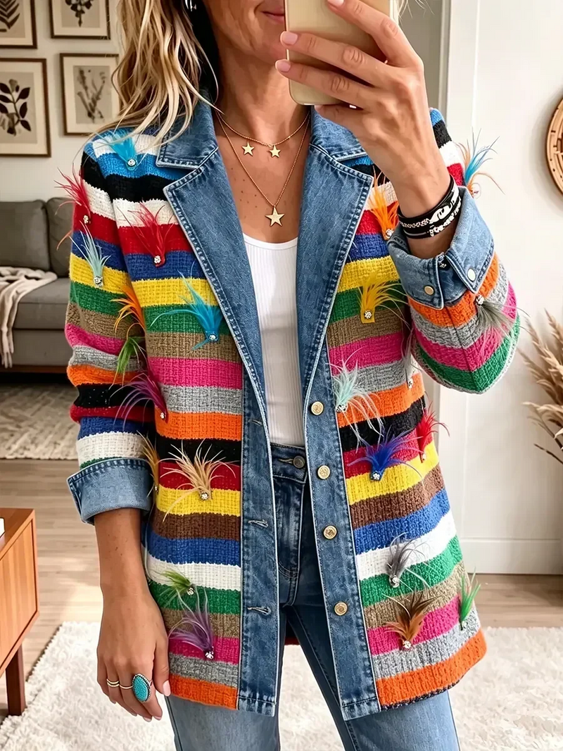 Mia | Veste vintage élégante en denim à plumes
