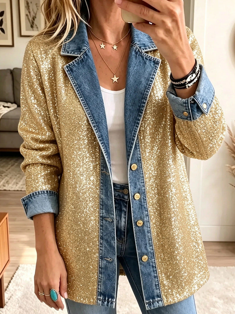 Sophia | Veste en denim à empiècements pailletés dorés