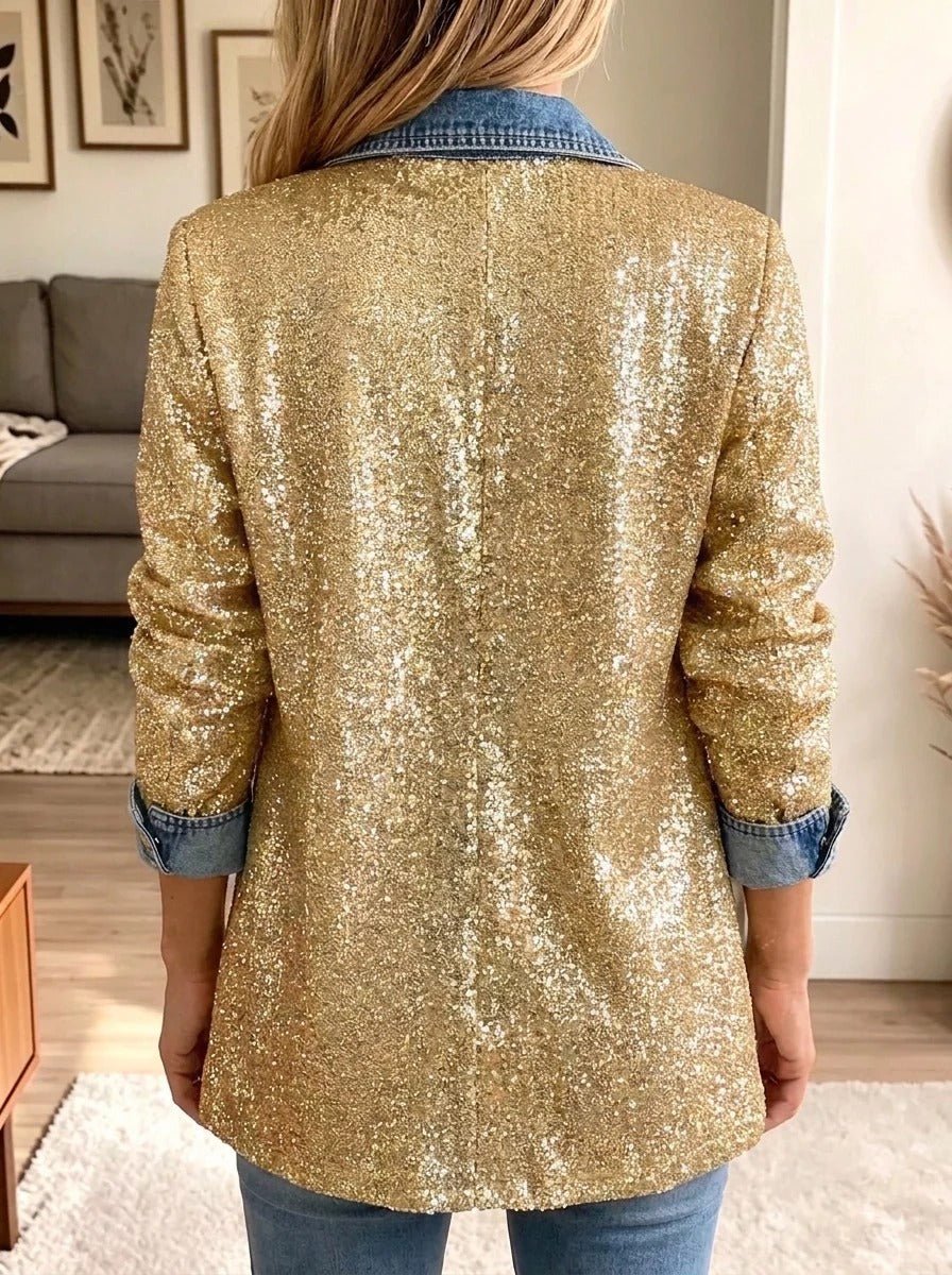 Sophia | Veste en denim à empiècements pailletés dorés
