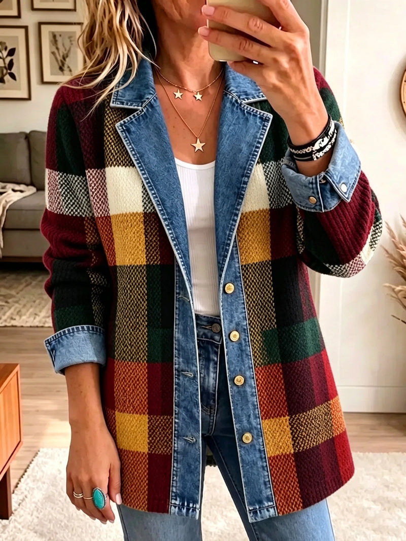 Isabella | Veste en denim à carreaux colorblock d'automne
