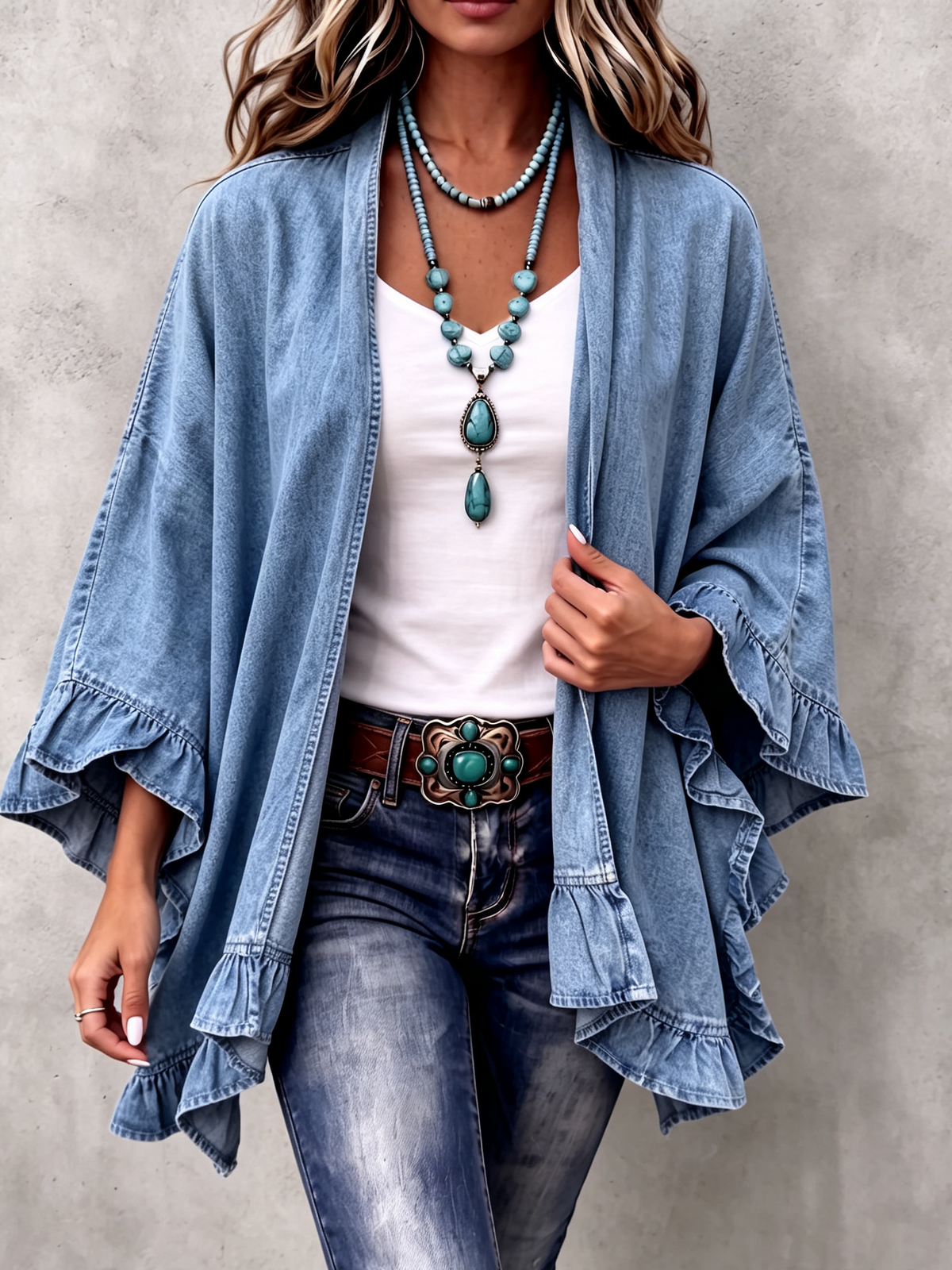 Cardigan en Jean Bohème Chic à Volants CORINNE