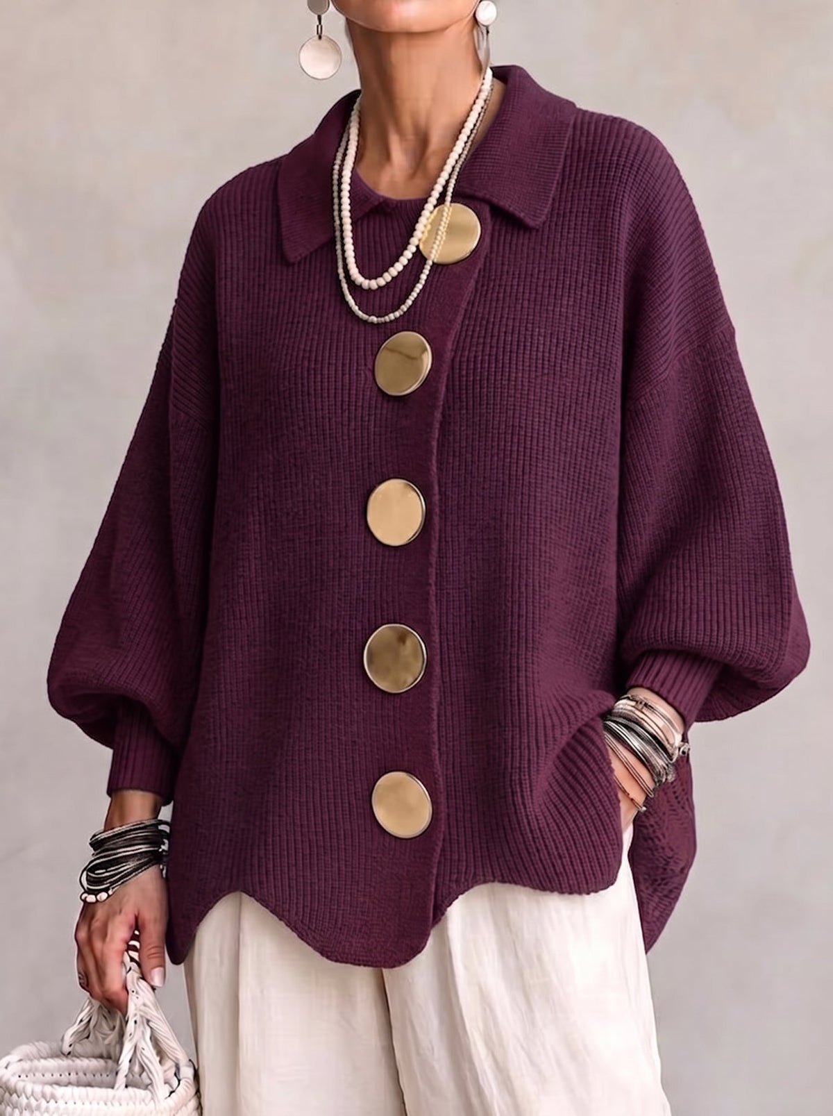 Cardigan Oversize à Col et Gros Boutons Métal ELVINIA