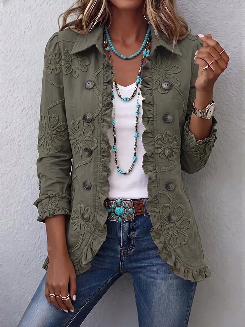 Kamberly™ | Veste utilitaire bohème chic à broderies florales et bordure à volants