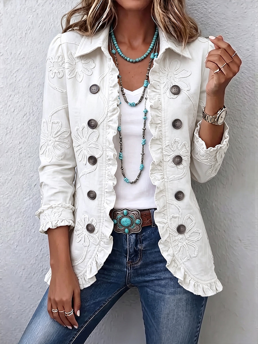 Marisol | Veste utilitaire ivoire à broderies florales et bordure à volants