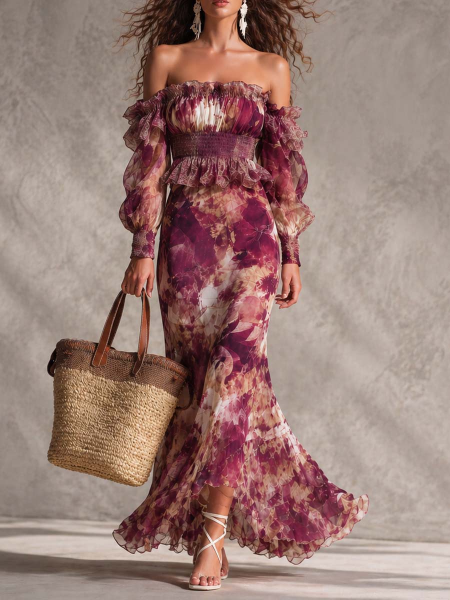 Robe maxi en chiffon à épaules dénudées, à motifs floraux rose pâle