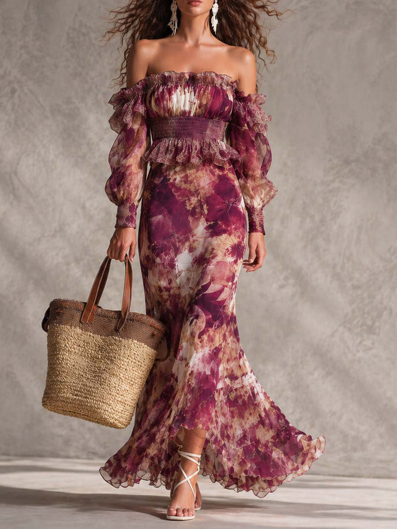 Robe maxi en chiffon à épaules dénudées, à motifs floraux rose pâle