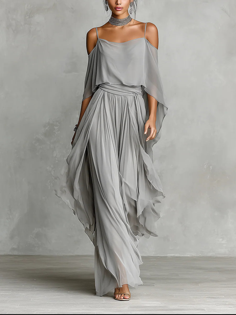 Ensemble camisole fluide à épaules dénudées et pantalon en chiffon gris