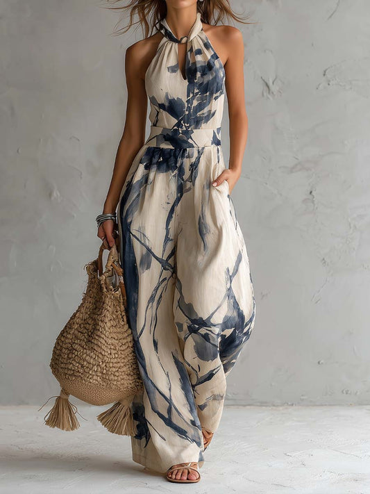 Combinaison à col halter sans manches, imprimé lavé à l'encre, à jambes larges, avec poches