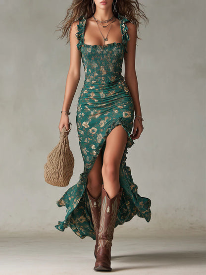 Robe maxi imprimée bohème verte à manches volantées