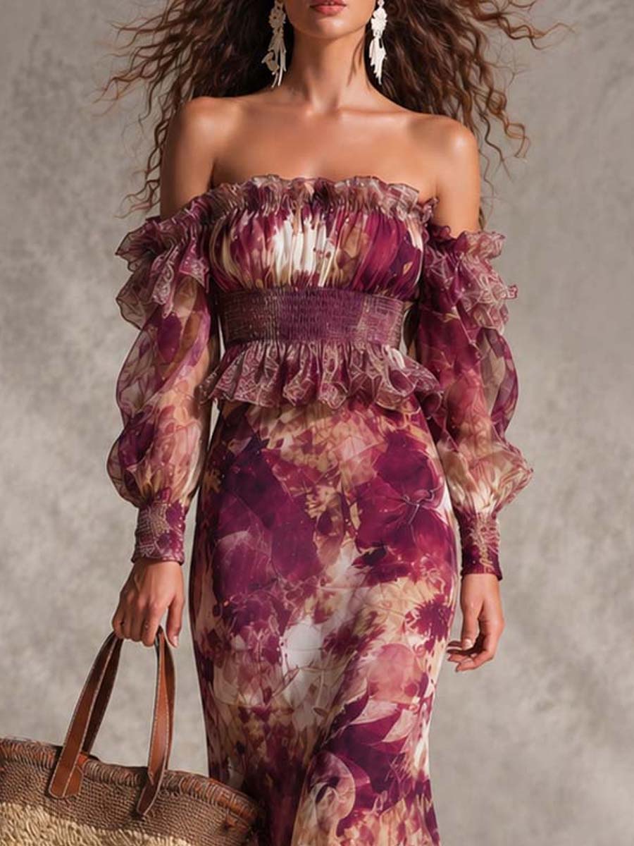 Robe maxi en chiffon à épaules dénudées, à motifs floraux rose pâle
