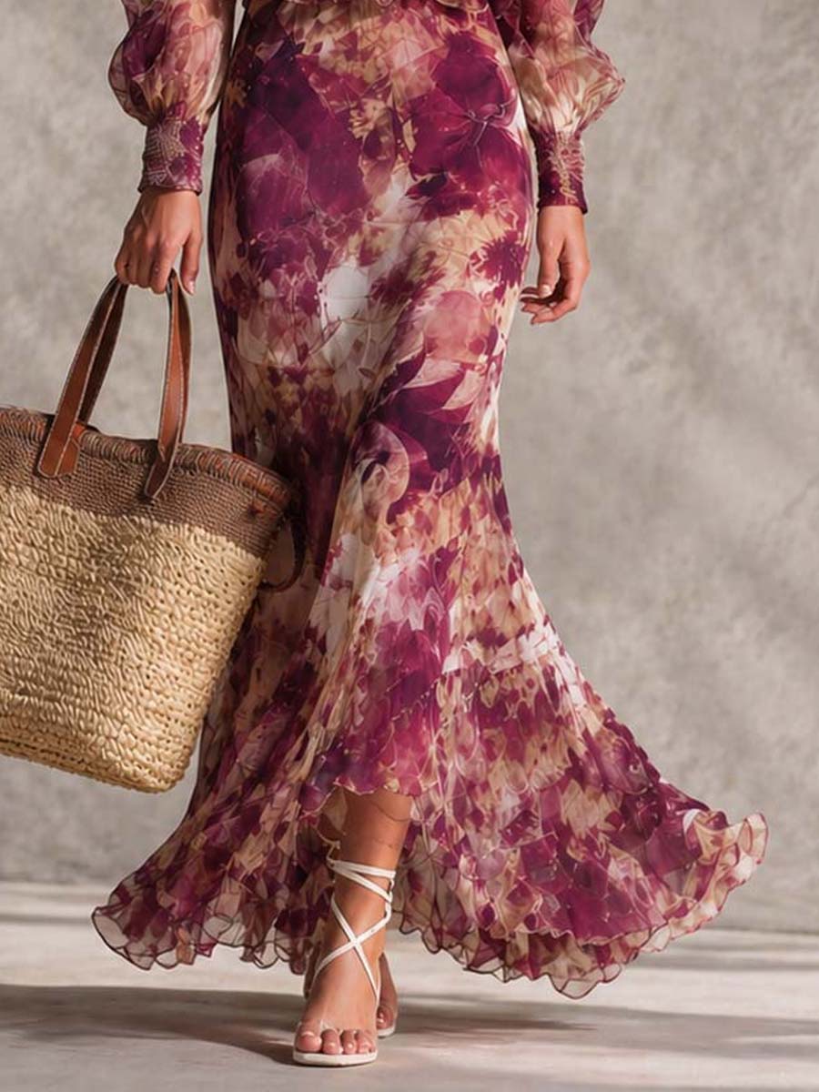 Robe maxi en chiffon à épaules dénudées, à motifs floraux rose pâle