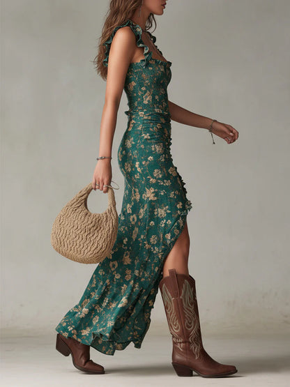 Robe maxi imprimée bohème verte à manches volantées