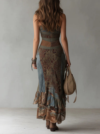 Robe maxi imprimée à une épaule au style ethnique avec fente haute.