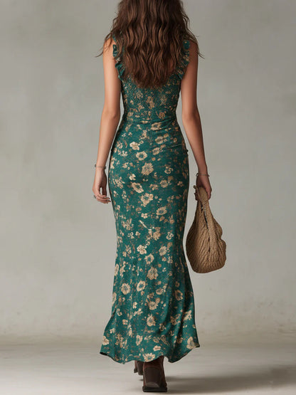 Robe maxi imprimée bohème verte à manches volantées