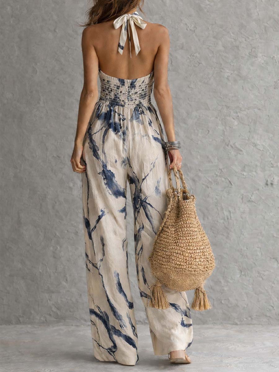 Combinaison à col halter sans manches, imprimé lavé à l'encre, à jambes larges, avec poches