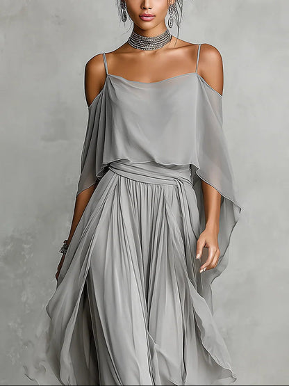 Ensemble camisole fluide à épaules dénudées et pantalon en chiffon gris