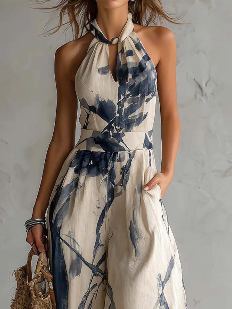 Combinaison à col halter sans manches, imprimé lavé à l'encre, à jambes larges, avec poches
