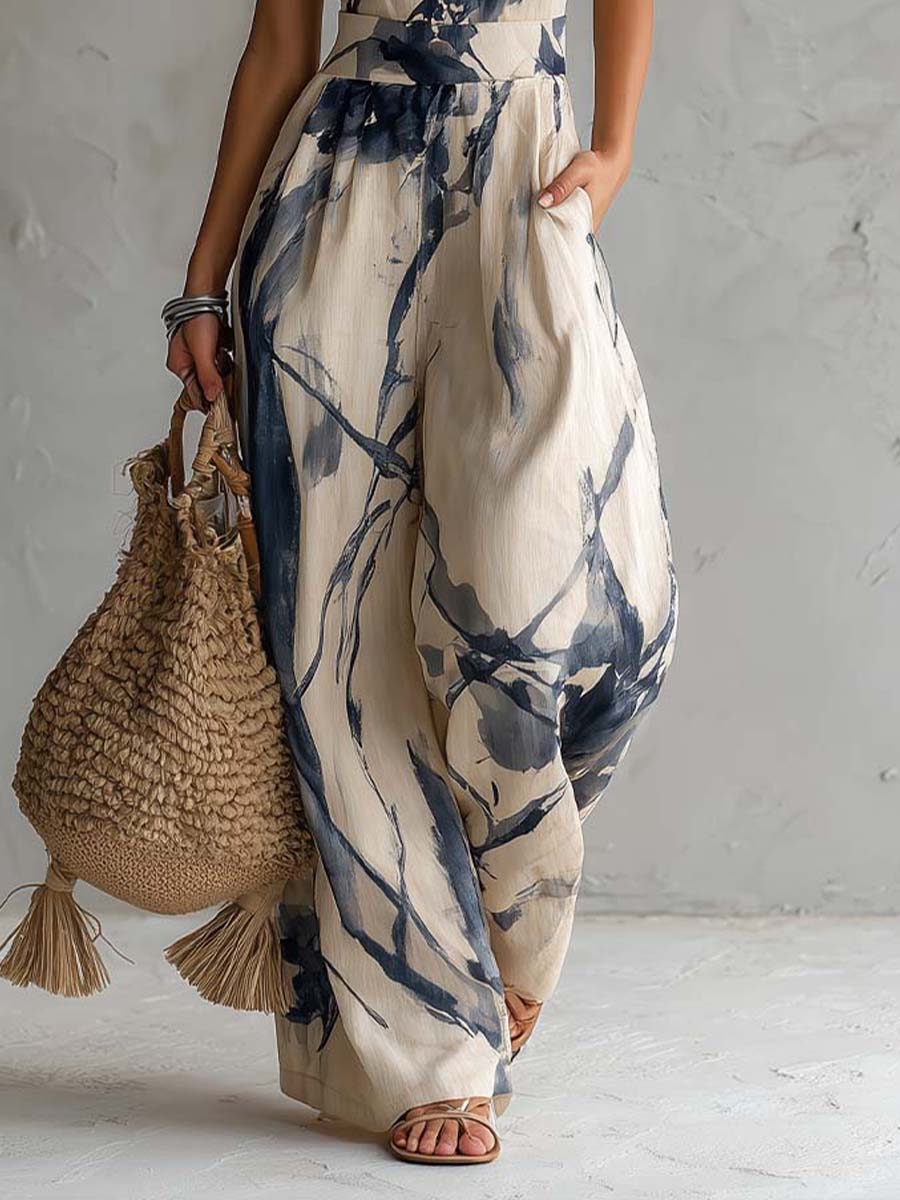 Combinaison à col halter sans manches, imprimé lavé à l'encre, à jambes larges, avec poches