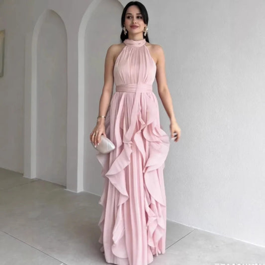 Robe Longue à Col Montant et Volants Superposés OREA