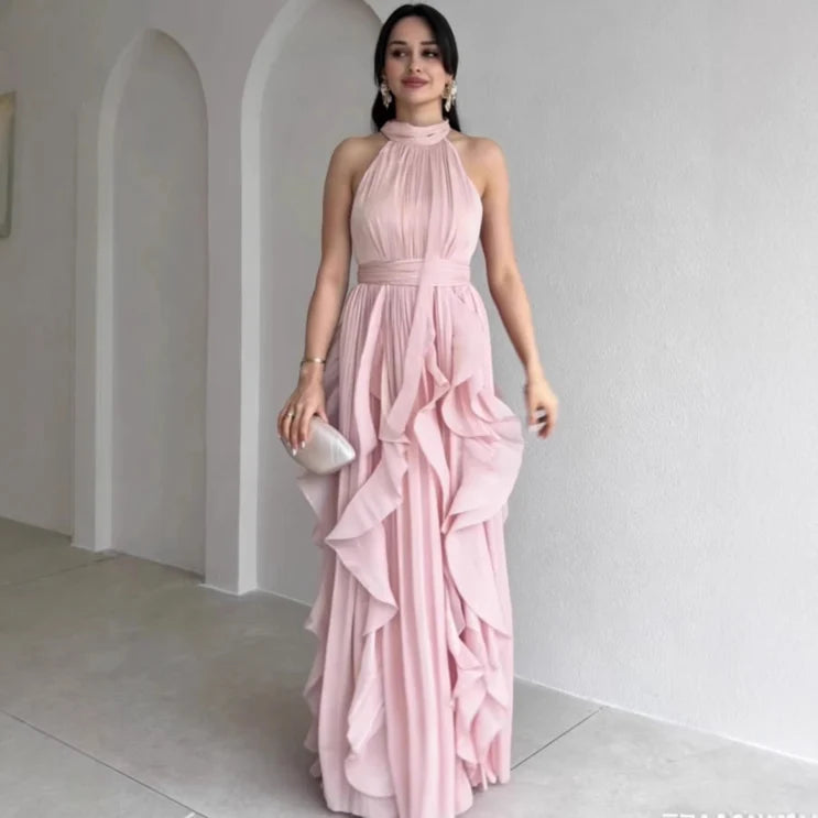 Robe Longue à Col Montant et Volants Superposés OREA