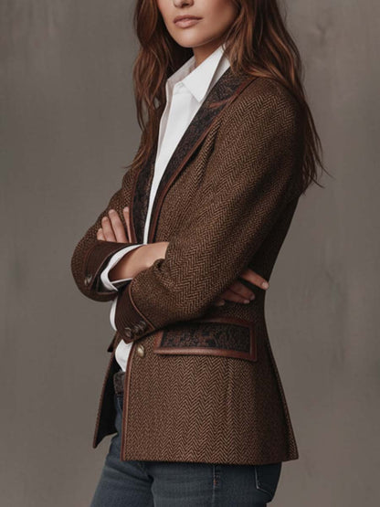 Blazer Tweed Chevron & Cuir à Empiècements Brodés — Pièce Statement
