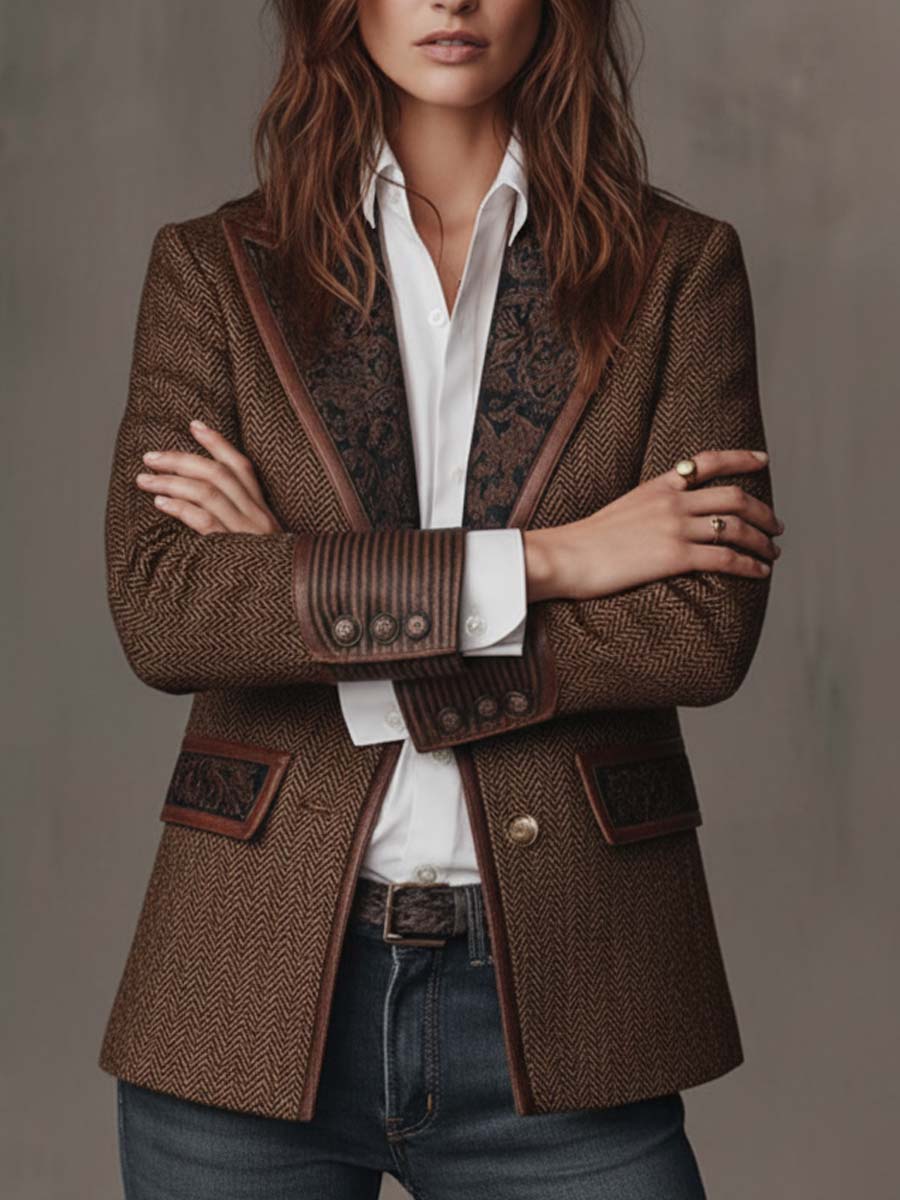 Blazer Tweed Chevron & Cuir à Empiècements Brodés — Pièce Statement