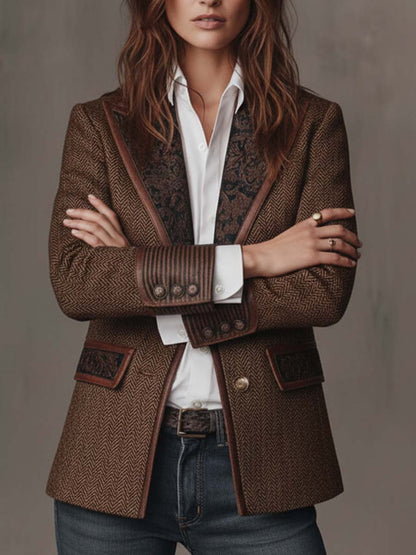 Blazer Tweed Chevron & Cuir à Empiècements Brodés — Pièce Statement