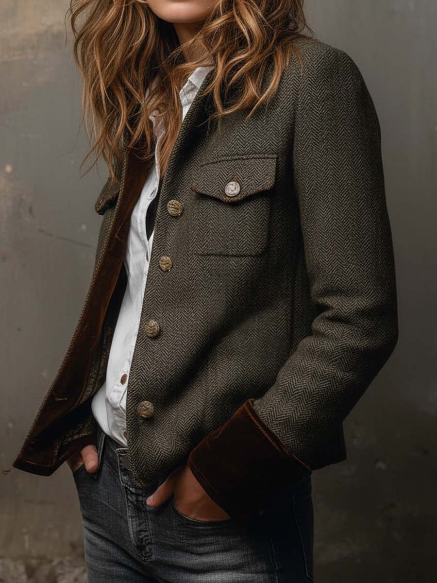 Veste en Tweed Chevron à Poignets Velours — Édition Terrain