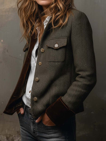 Veste en Tweed Chevron à Poignets Velours — Édition Terrain